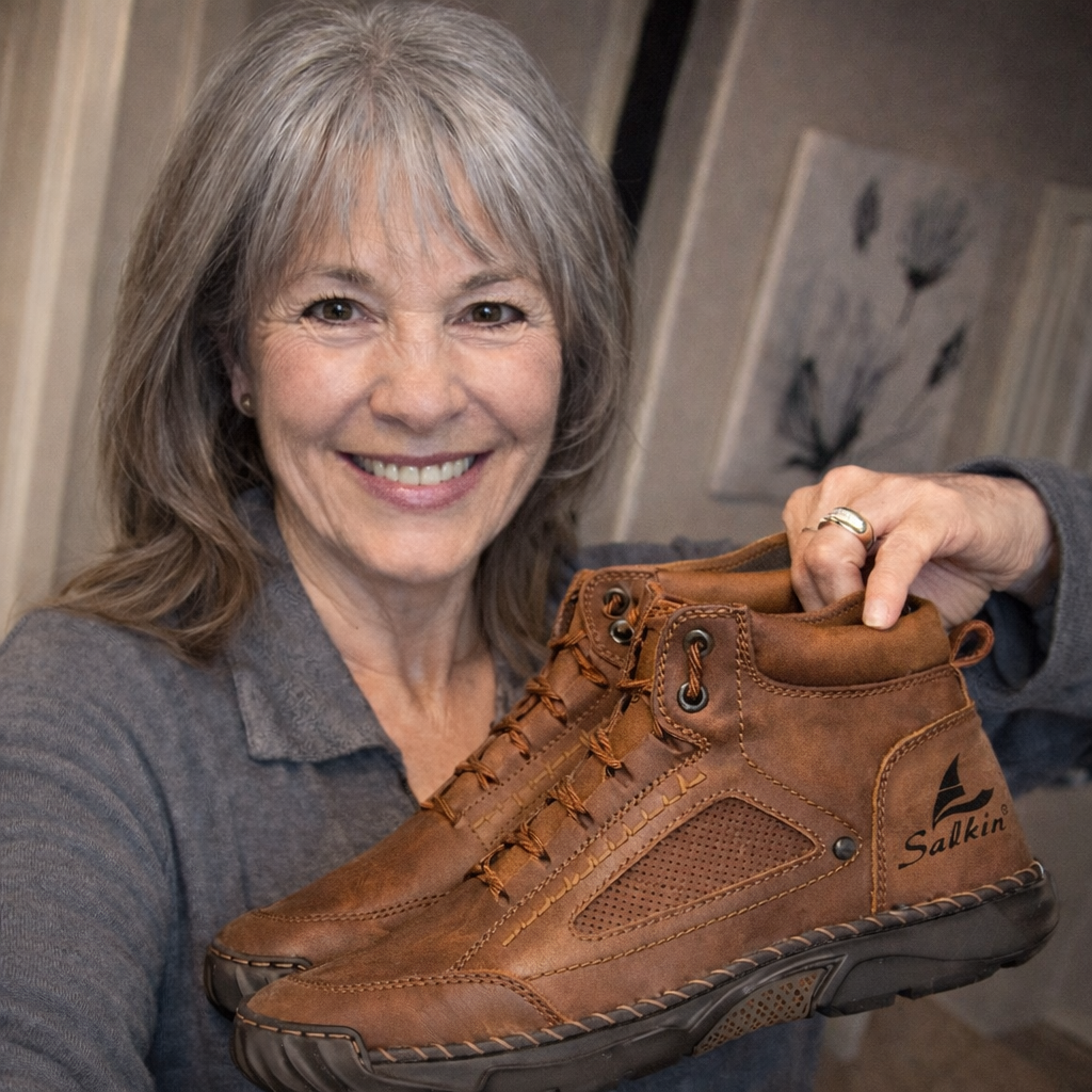 Customer holding brown leather boots