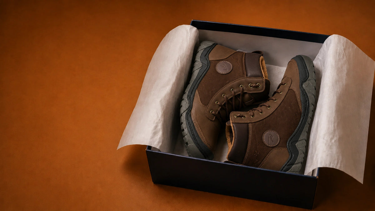 Brown work boots packed in a box